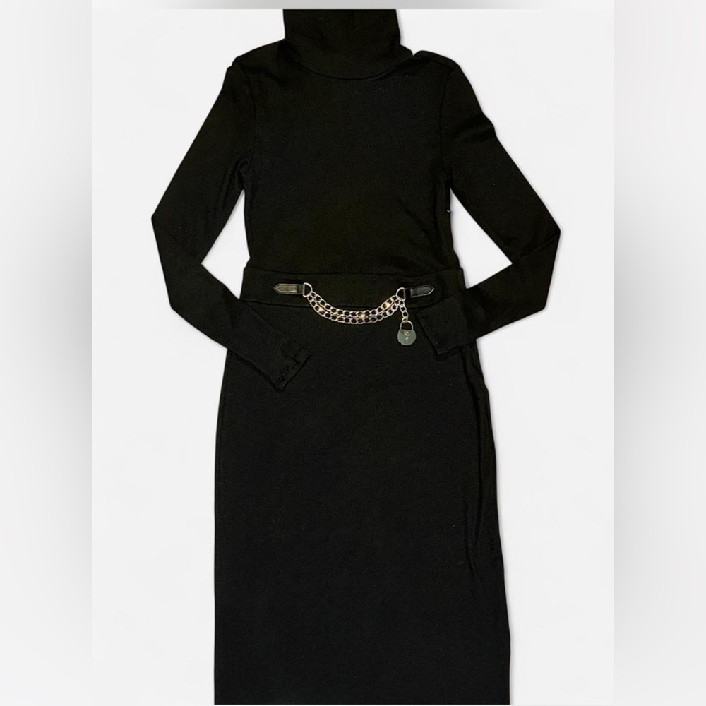 LAUREN RALPH LAUREN CHAIN-TRIM RIB-KNIT BLACK TURTLENECK DRESS